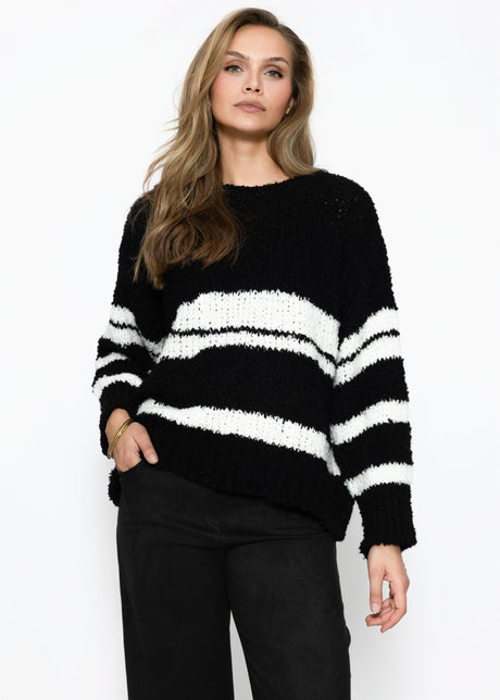 Bouclé Pullover mit Streifenmuster - schwarz