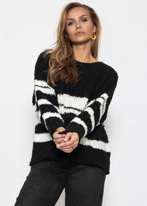 Bouclé Pullover mit Streifenmuster - schwarz
