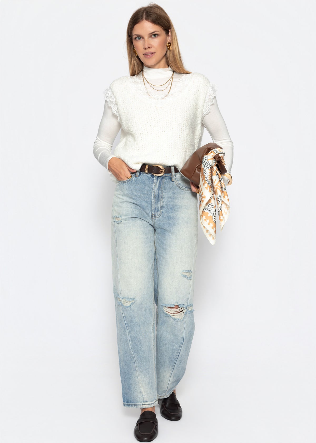 Bouclé Top mit Spitze - offwhite