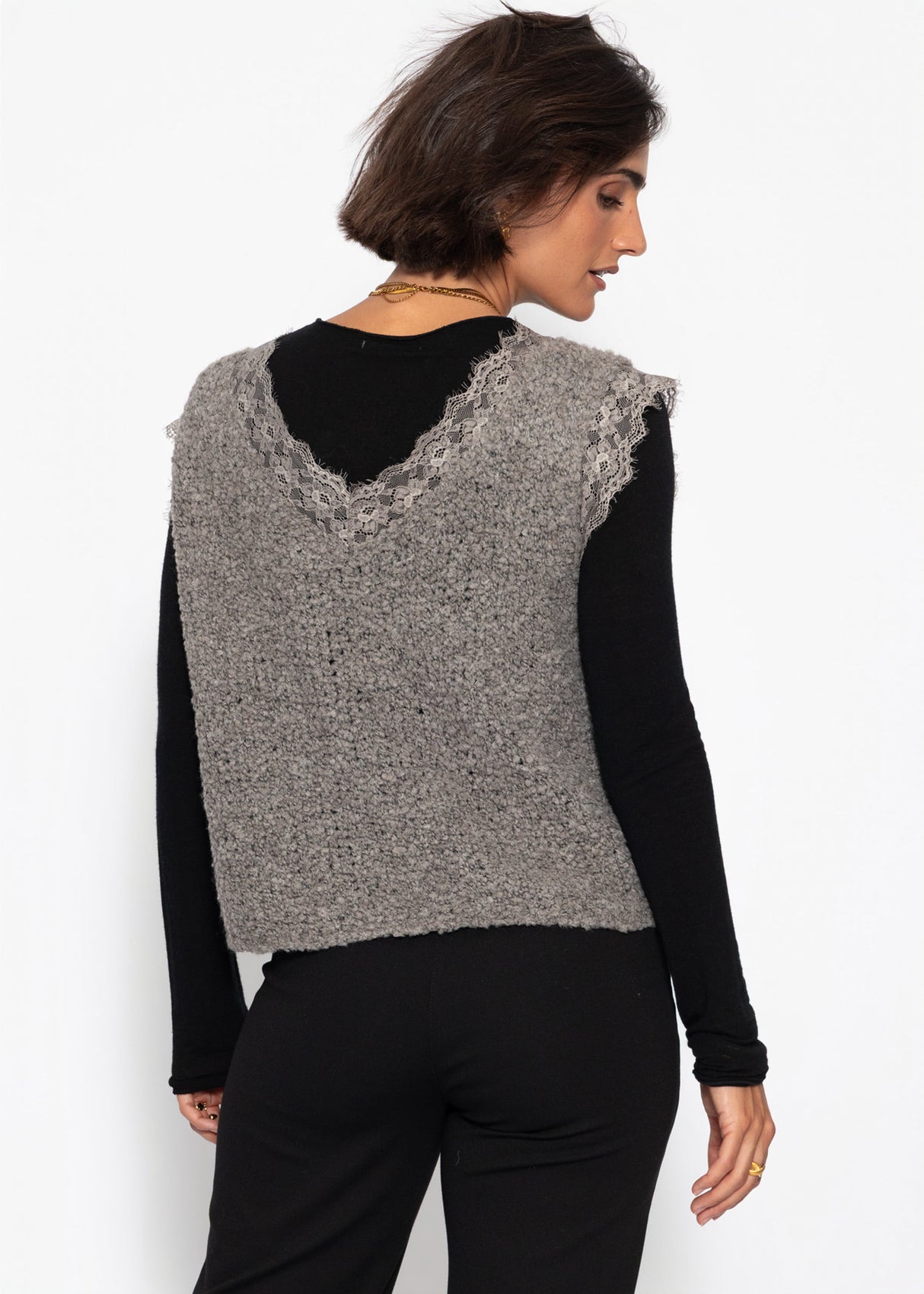 Bouclé Top mit Spitze - taupe