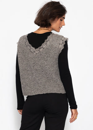 Bouclé Top mit Spitze - taupe