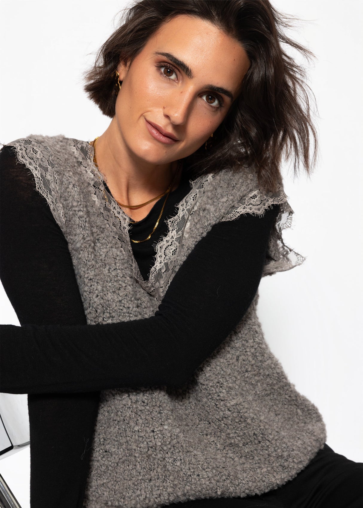Bouclé Top mit Spitze - taupe