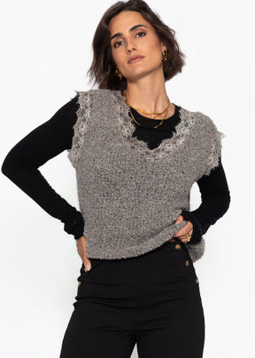 Bouclé Top mit Spitze - taupe - SASSYCLASSY