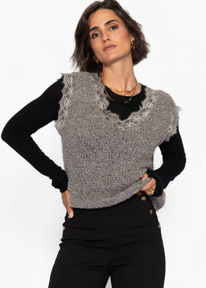 Bouclé Top mit Spitze - taupe
