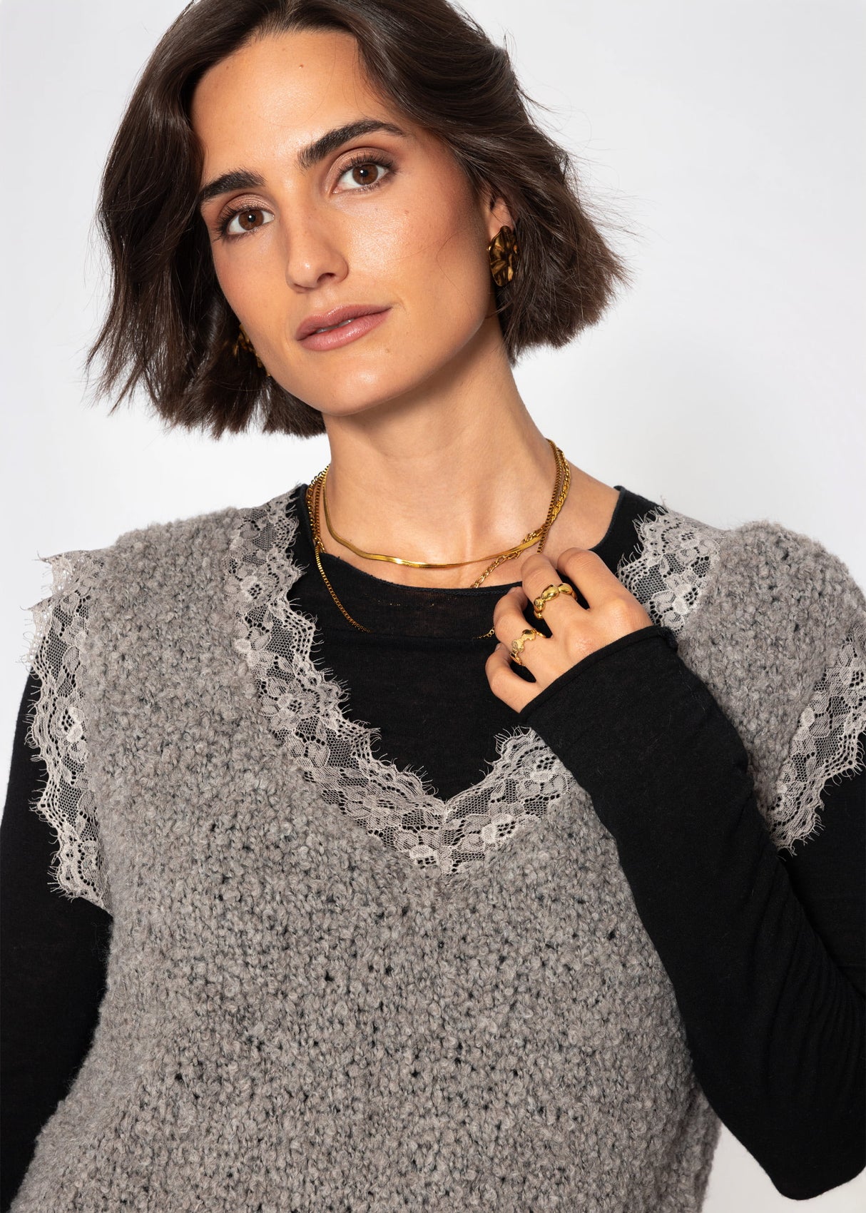 Bouclé Top mit Spitze - taupe