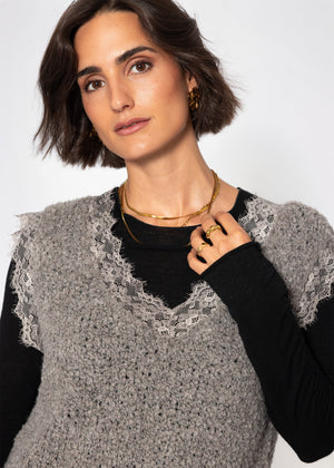 Bouclé Top mit Spitze - taupe