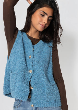 Bouclé-Weste mit Taschen - blau