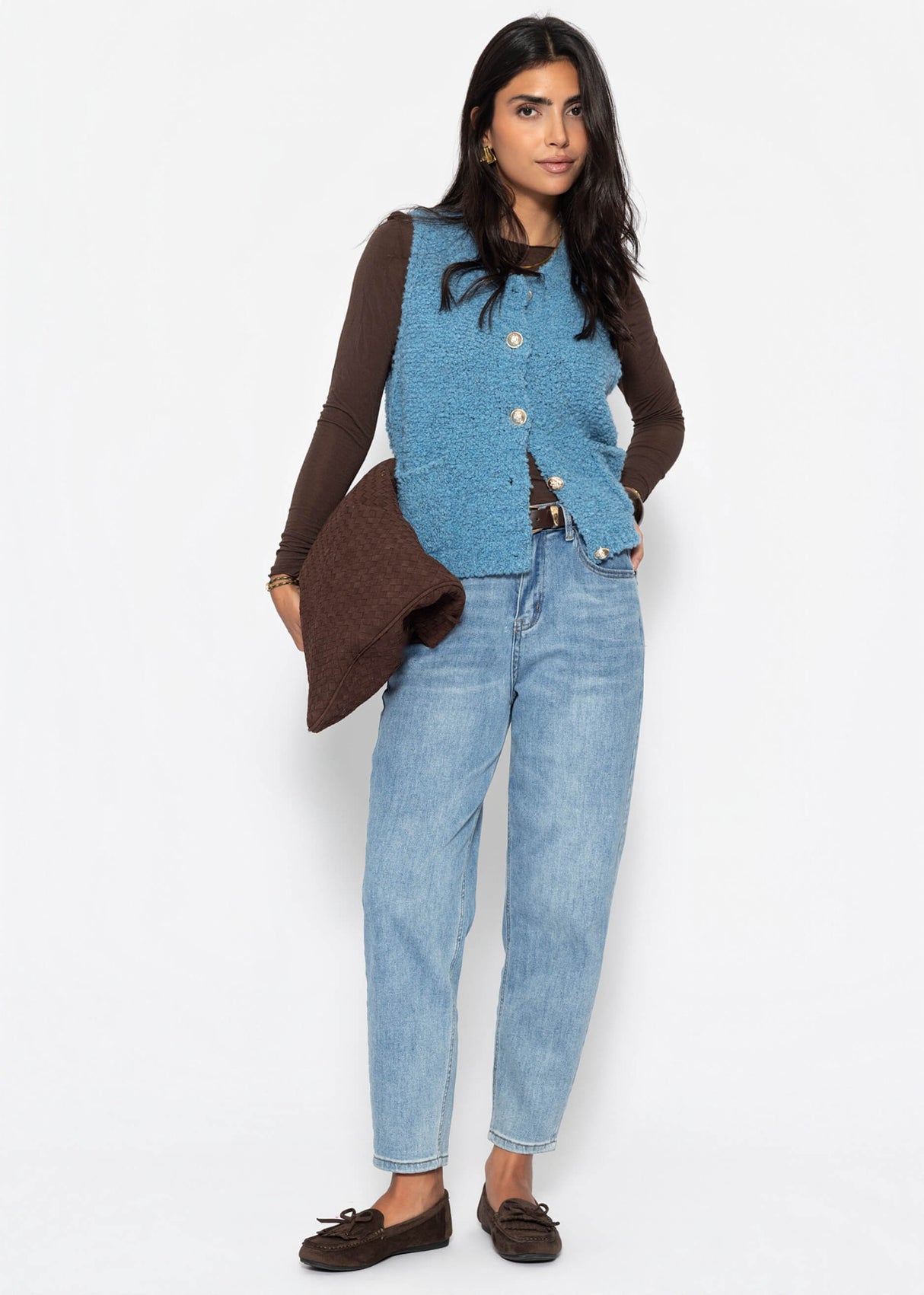 Bouclé-Weste mit Taschen - blau
