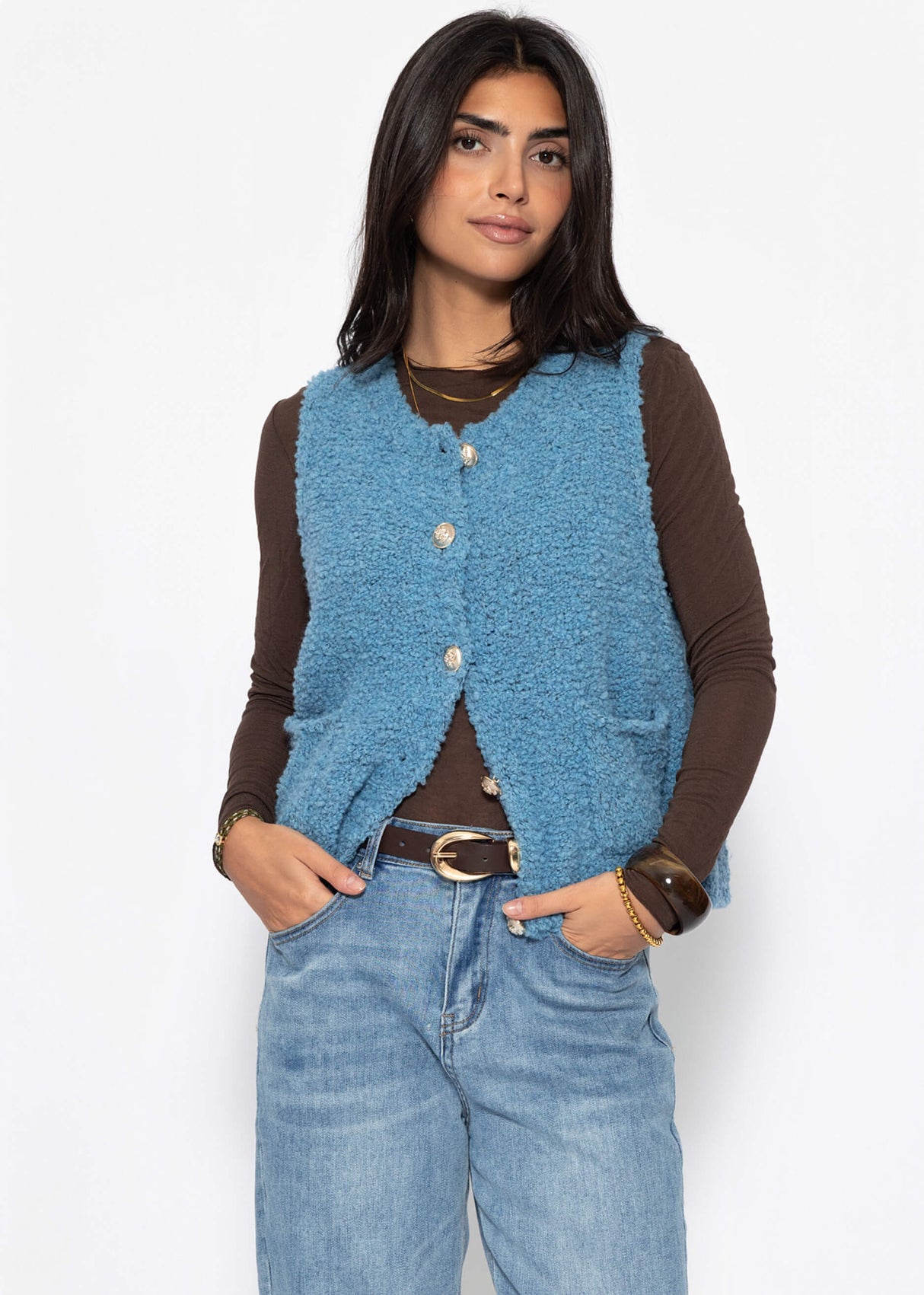 Bouclé-Weste mit Taschen - blau