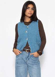 Bouclé-Weste mit Taschen - blau