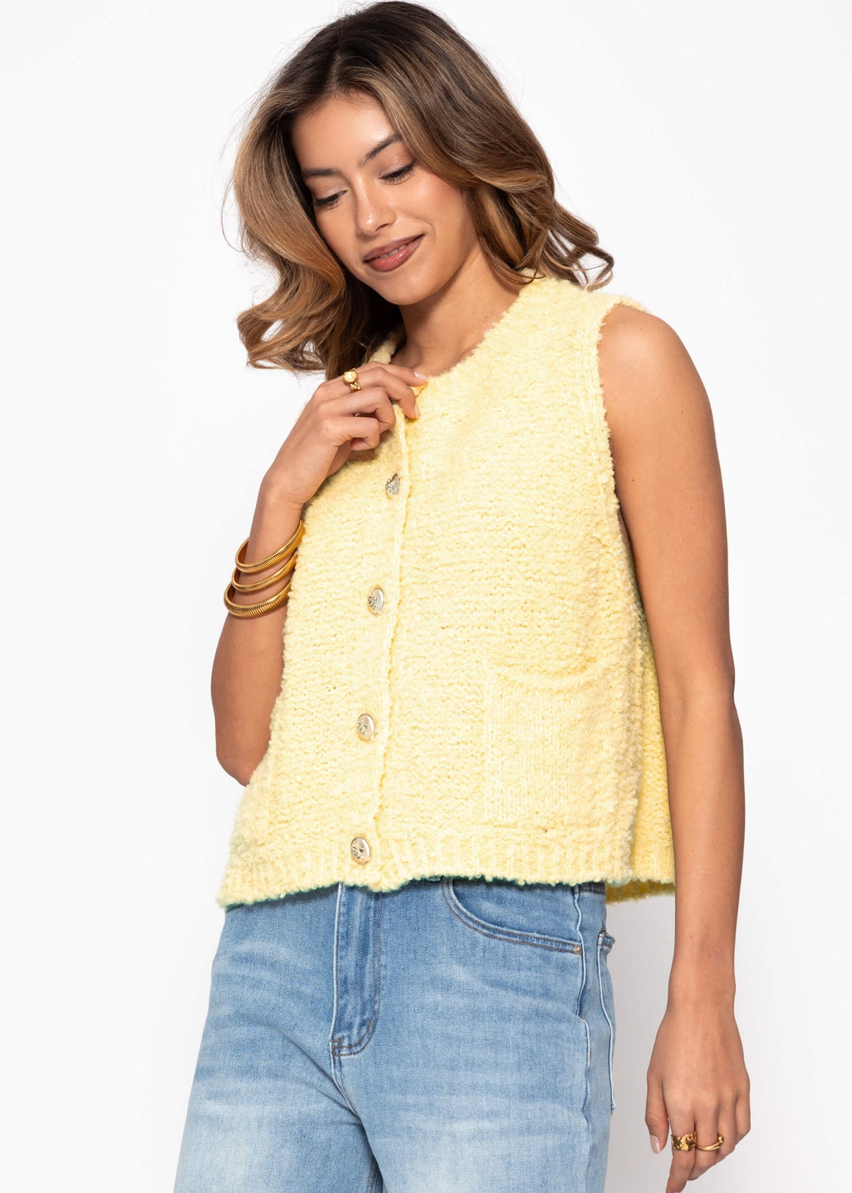 Bouclé vest with pockets - butter yellow