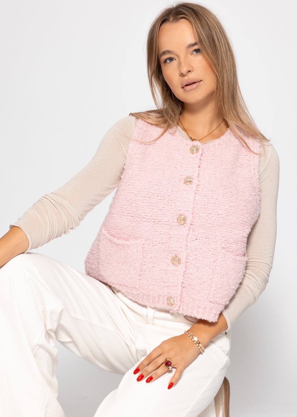 Bouclé vest with pockets - pink