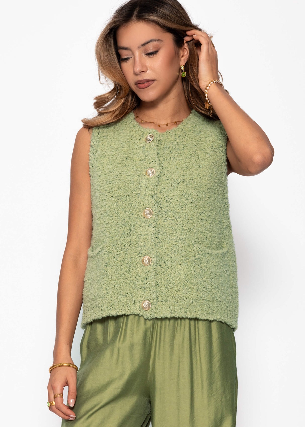 Bouclé-Weste mit Taschen - grün