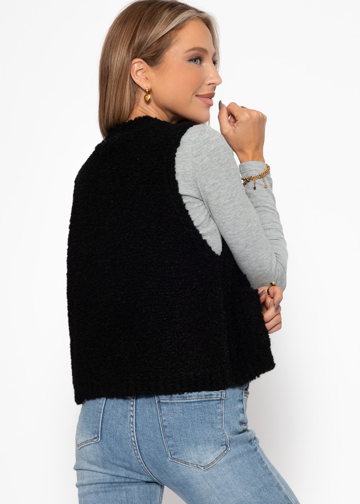 Bouclé vest with bags - black