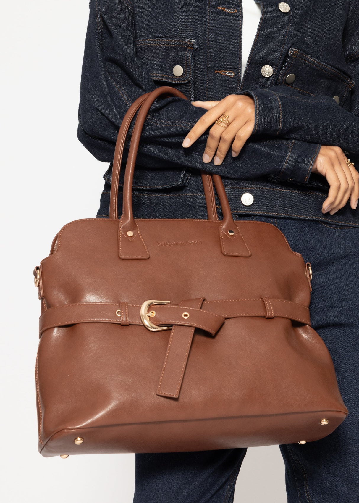 Business handbag with decorative buckle - dark brown