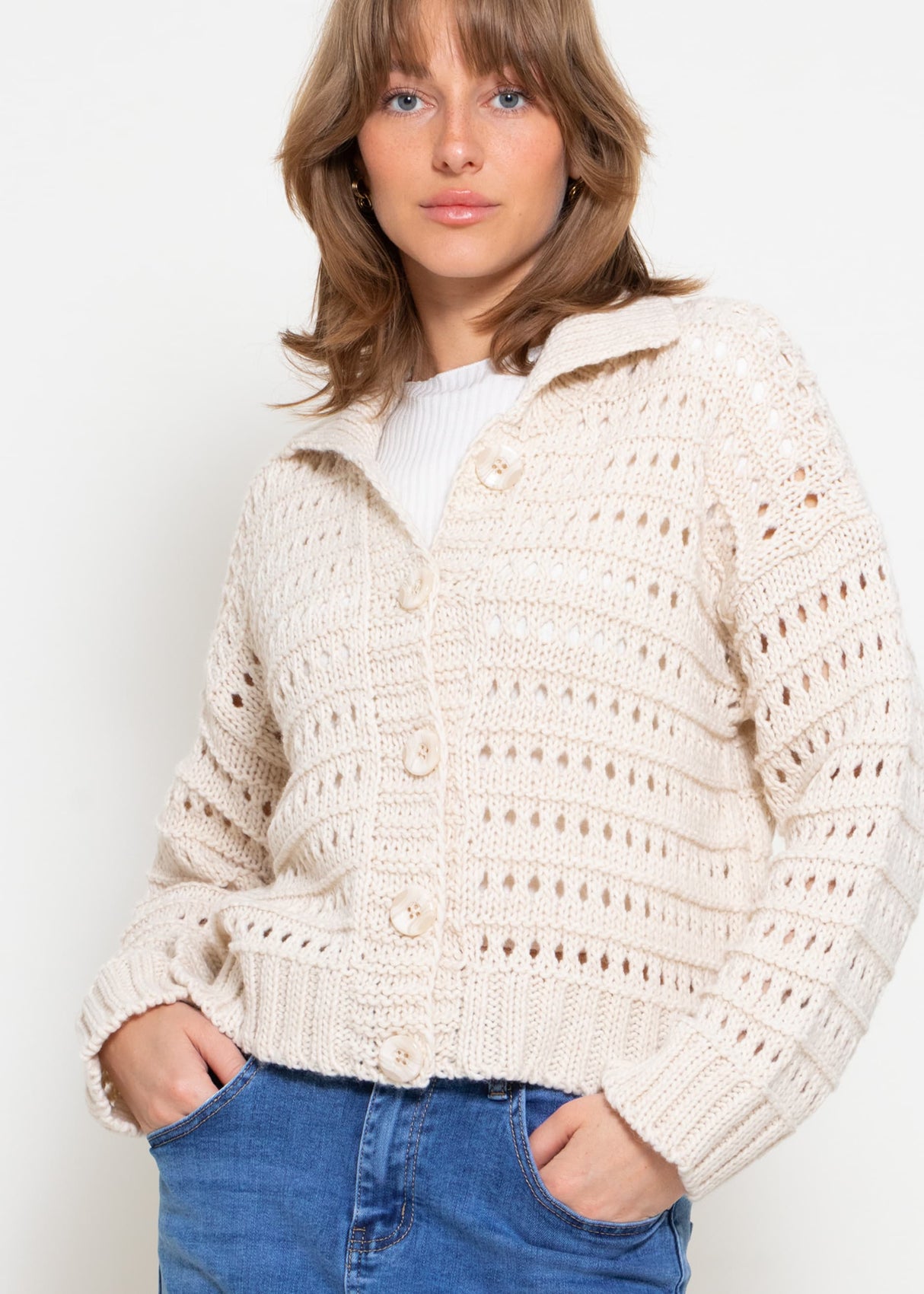 Openwork knit cardigan with collar - beige