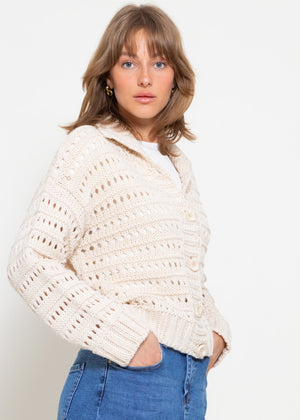 Openwork knit cardigan with collar - beige
