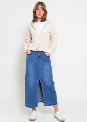 Openwork knit cardigan with collar - beige