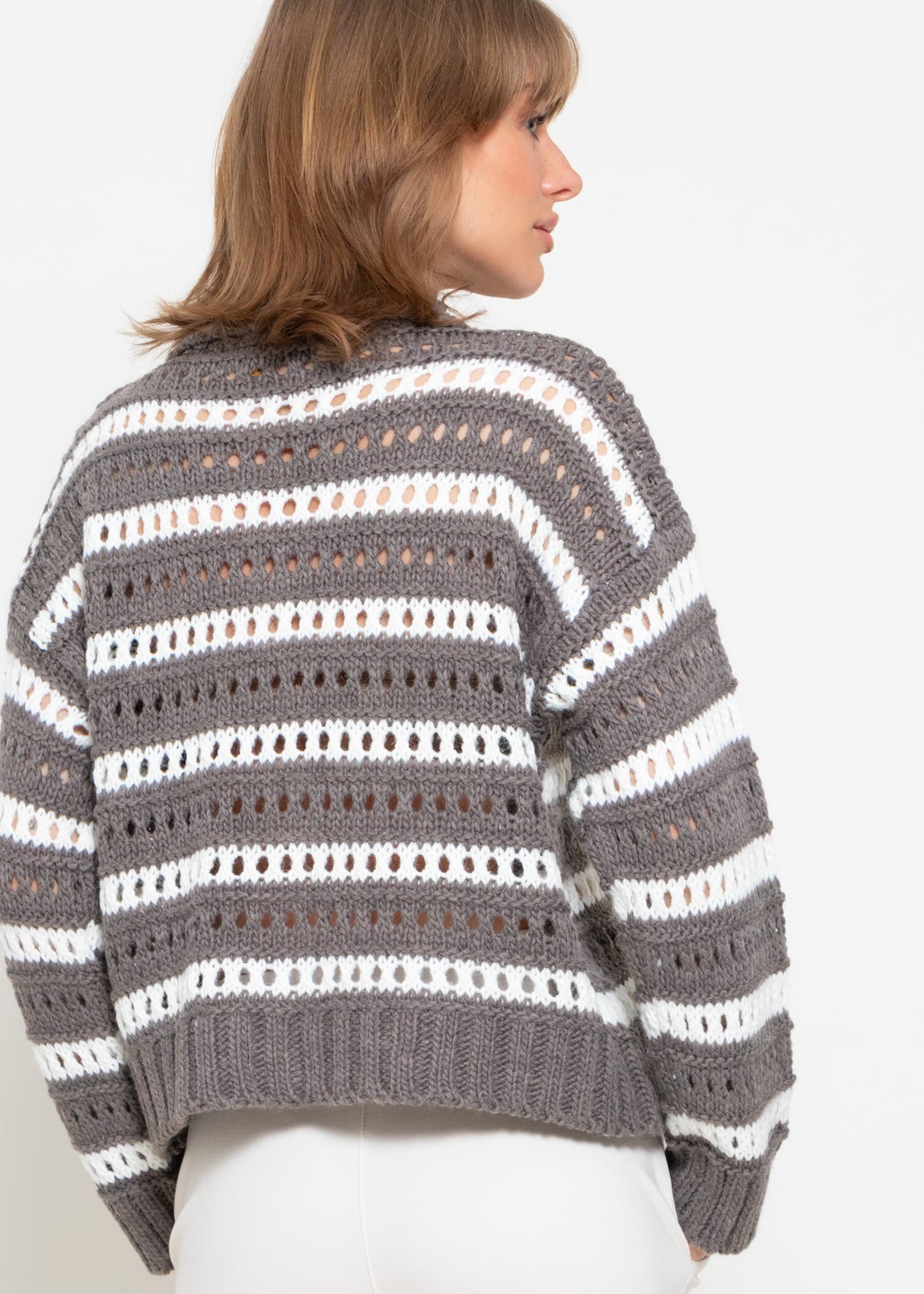 Openwork knit cardigan with collar - taupe-white