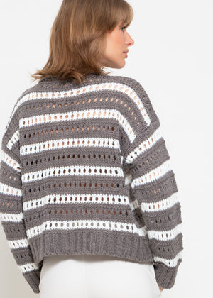 Openwork knit cardigan with collar - taupe-white