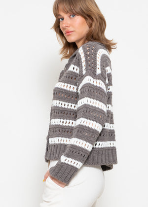 Openwork knit cardigan with collar - taupe-white