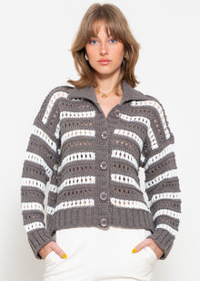 Openwork knit cardigan with collar - taupe-white