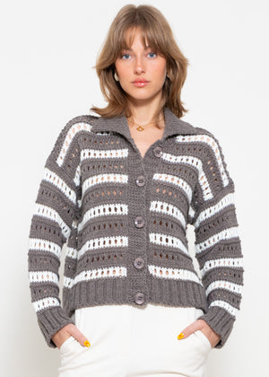 Openwork knit cardigan with collar - taupe-white