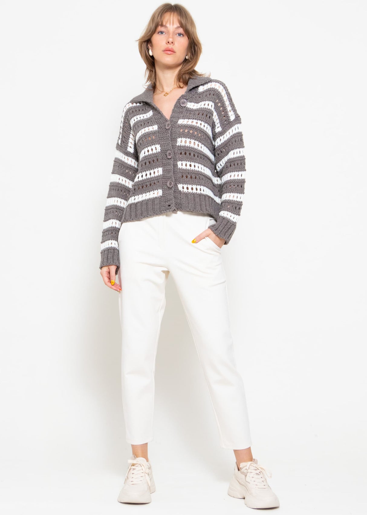 Openwork knit cardigan with collar - taupe-white