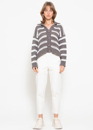 Openwork knit cardigan with collar - taupe-white