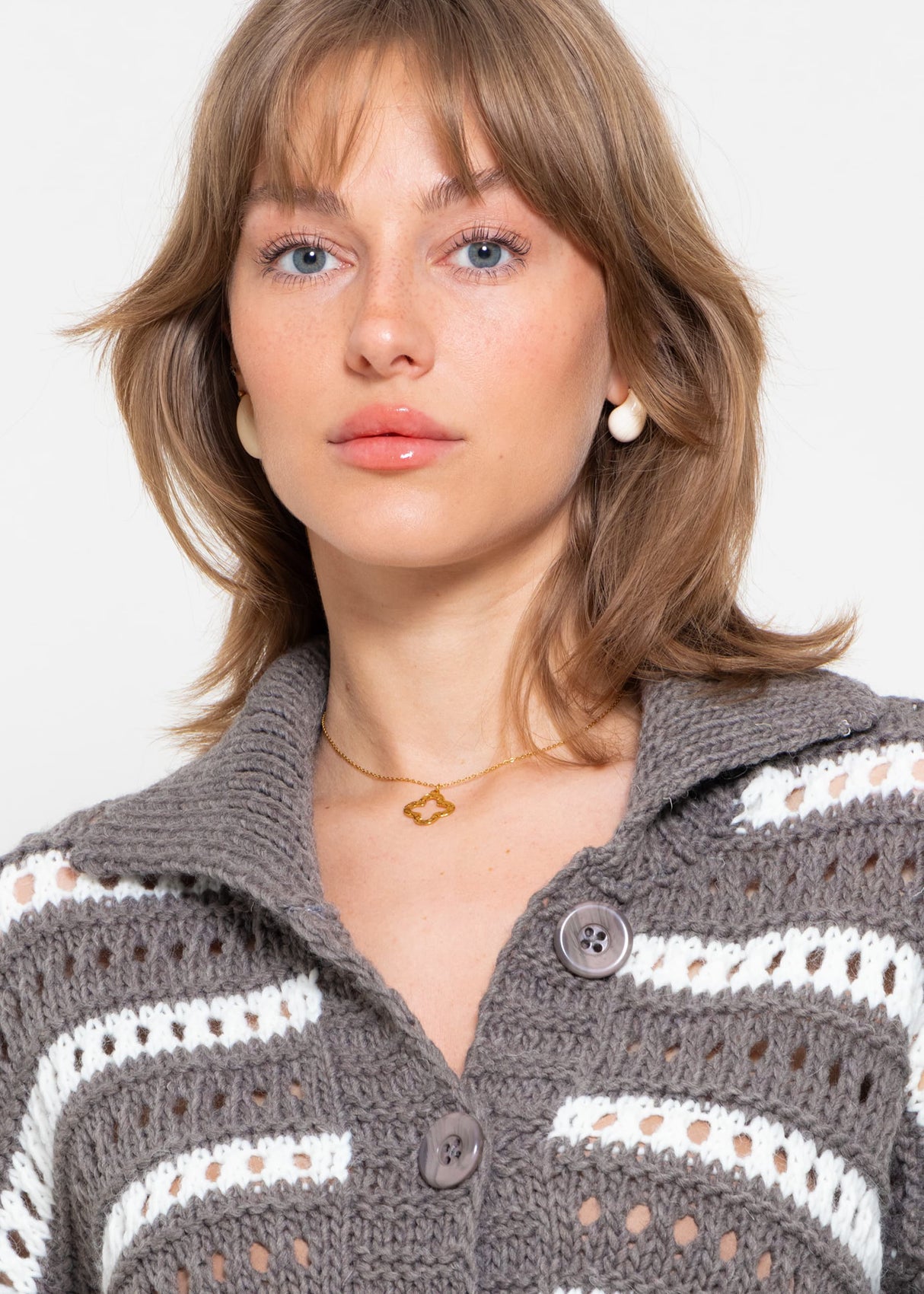 Openwork knit cardigan with collar - taupe-white