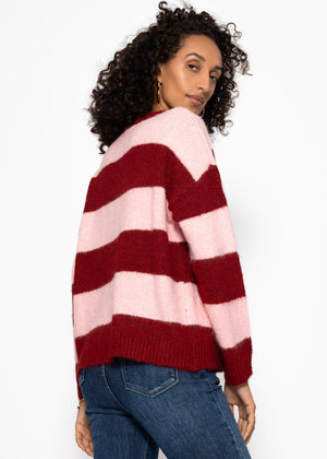 Cardigan with block strips - pink red