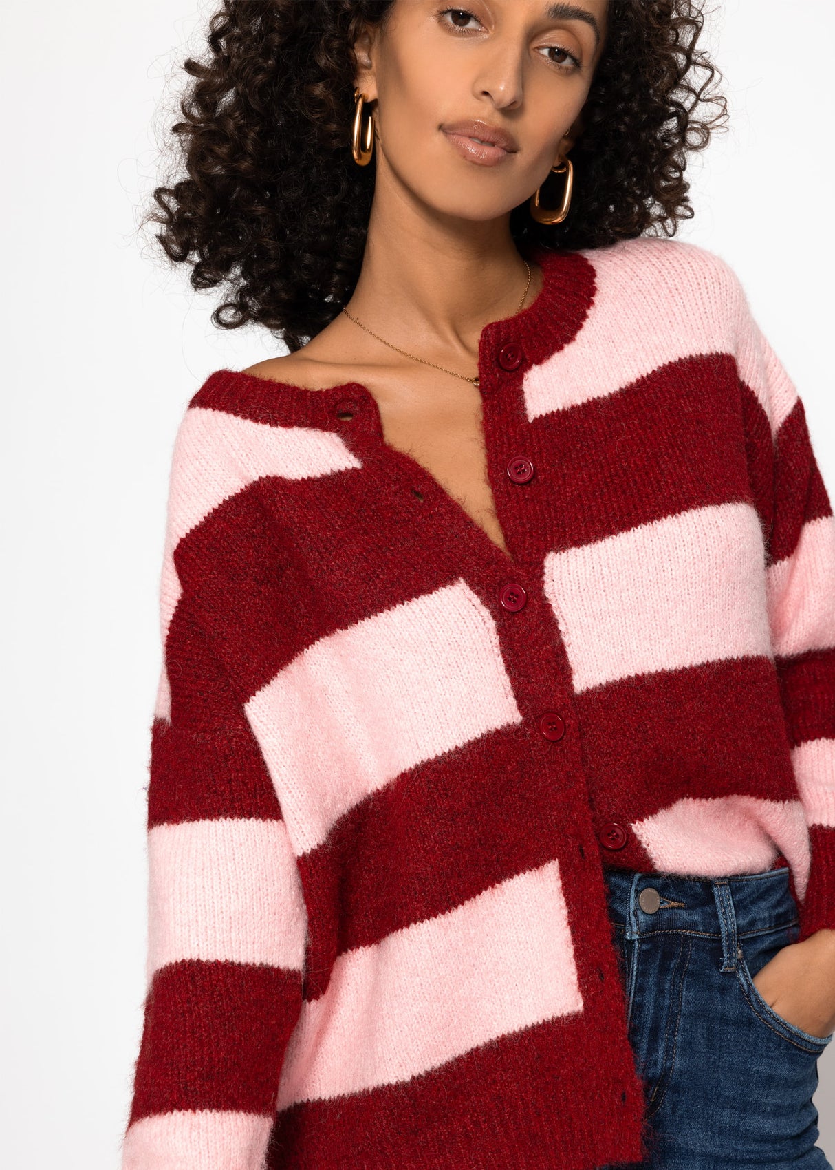 Cardigan with block strips - pink red