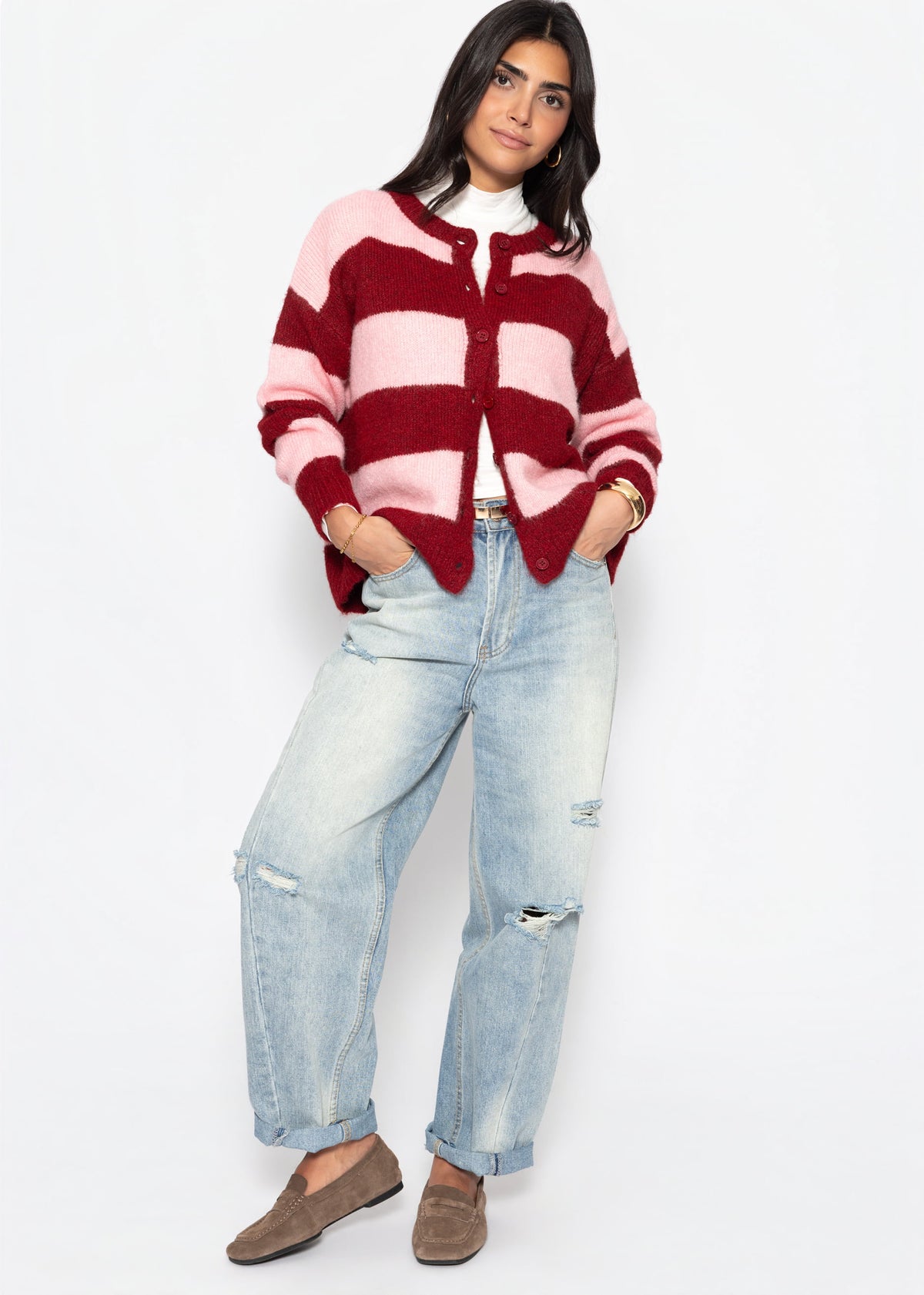 Cardigan mit Blockstreifen - burgundy