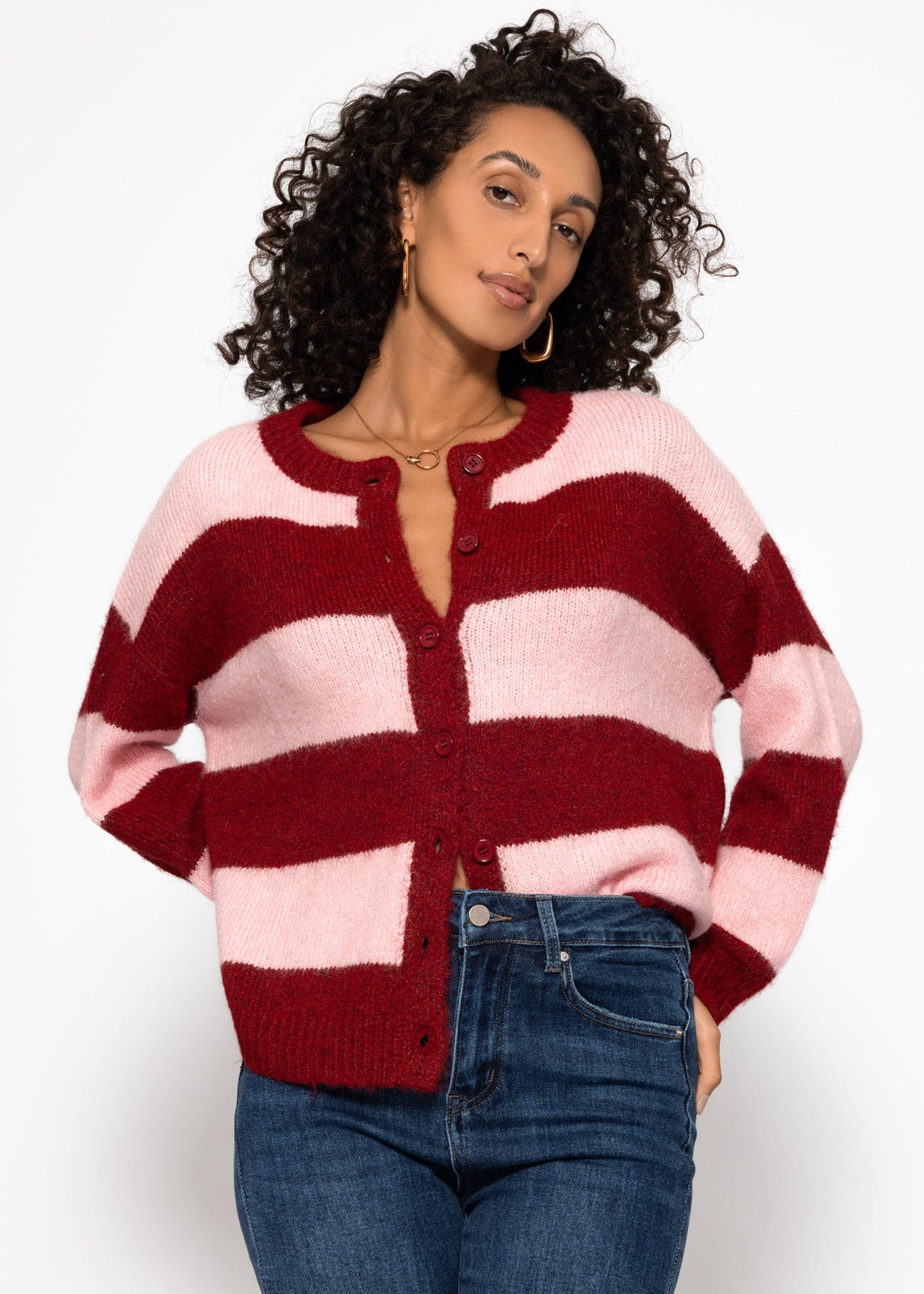 Cardigan with block strips - pink red