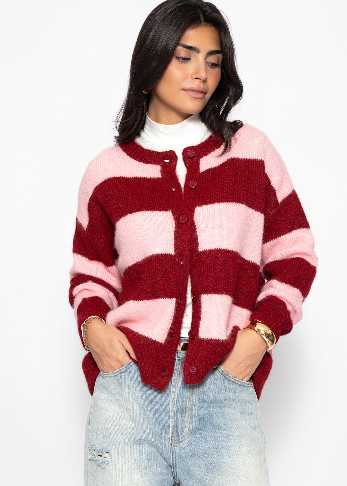 Cardigan mit Blockstreifen - burgundy