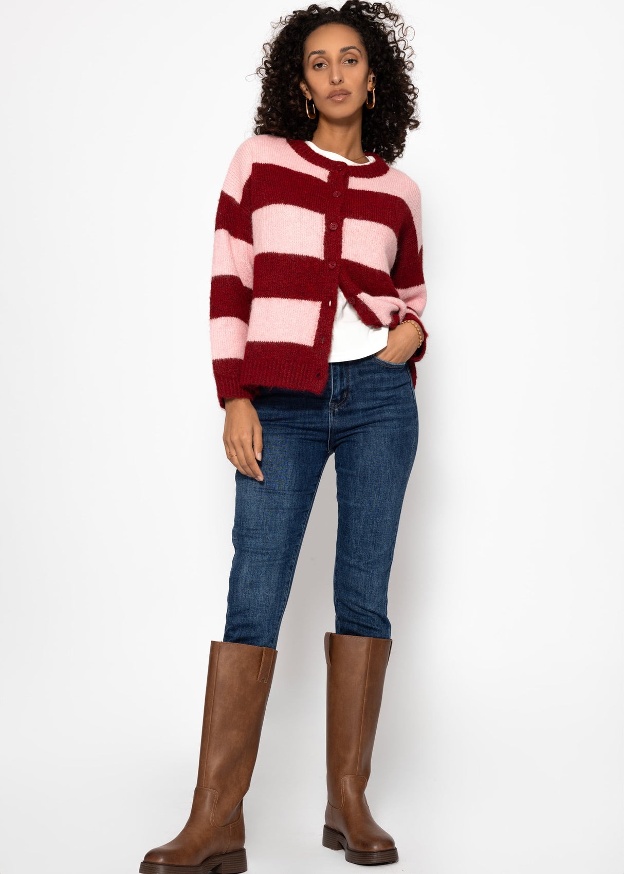 Cardigan with block strips - pink red