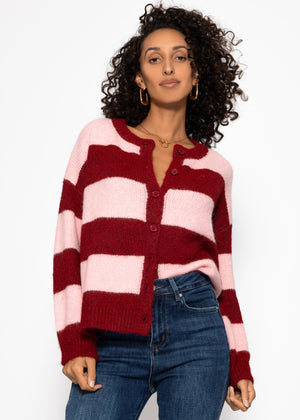 Cardigan with block strips - pink red