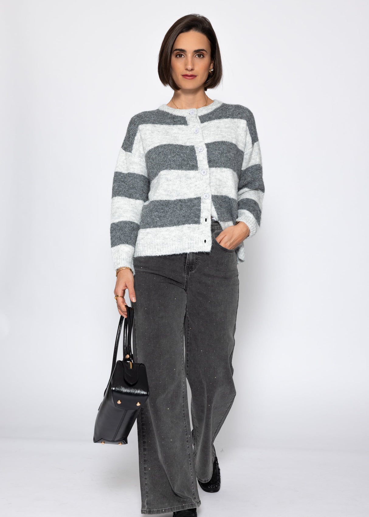 Cardigan with block strips - gray