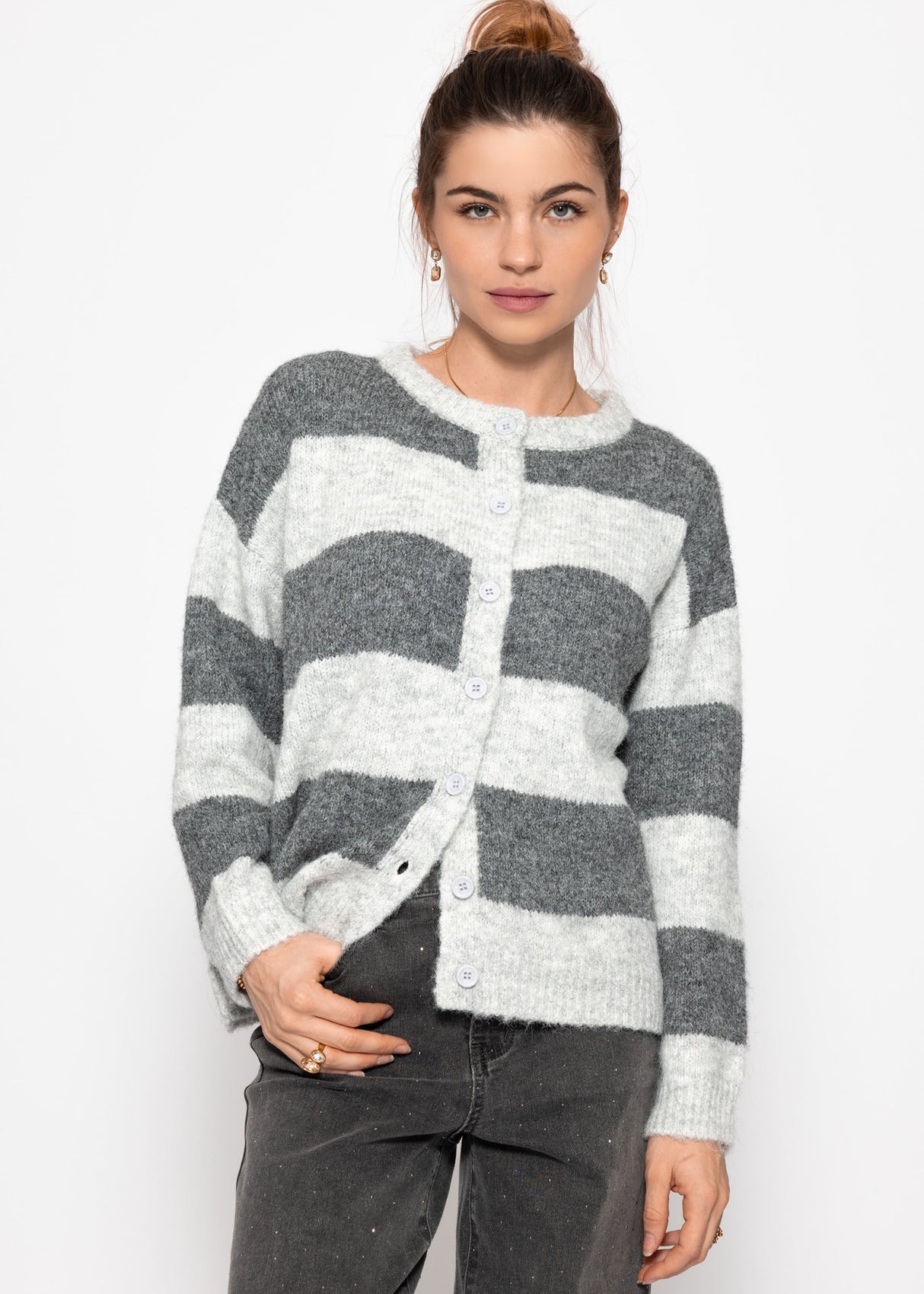 Cardigan mit Blockstreifen - grau