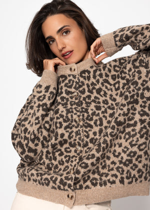 Cardigan with Leo pattern-beige-brown