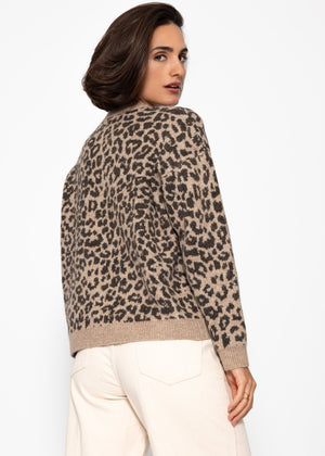 Cardigan with Leo pattern-beige-brown