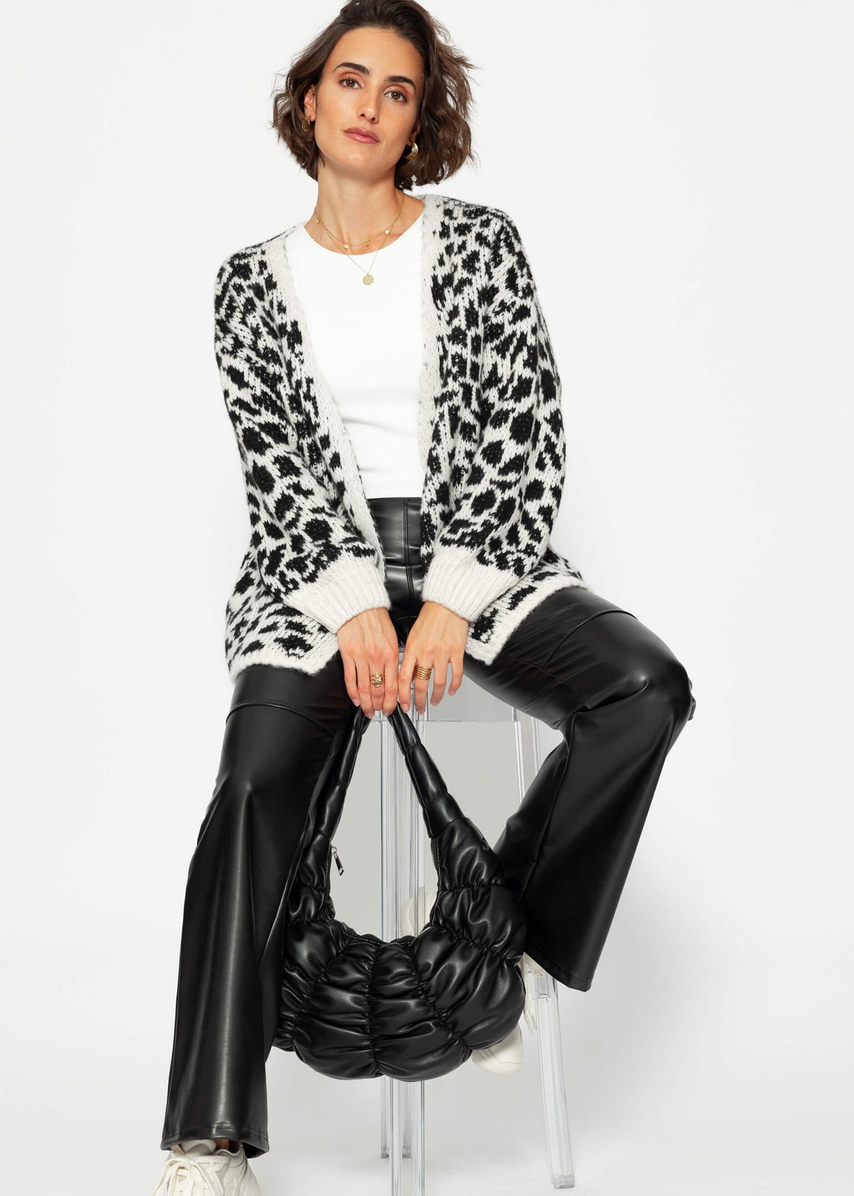 Cardigan with leopard print - black-off-white