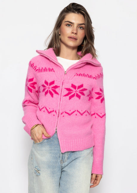 Cardigan mit Reißverschluss und Schneeflocken-Muster - pink