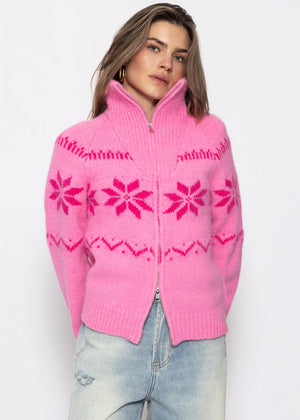 Cardigan mit Reißverschluss und Schneeflocken-Muster - pink