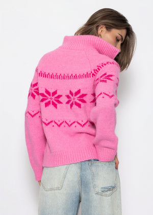 Cardigan mit Reißverschluss und Schneeflocken-Muster - pink