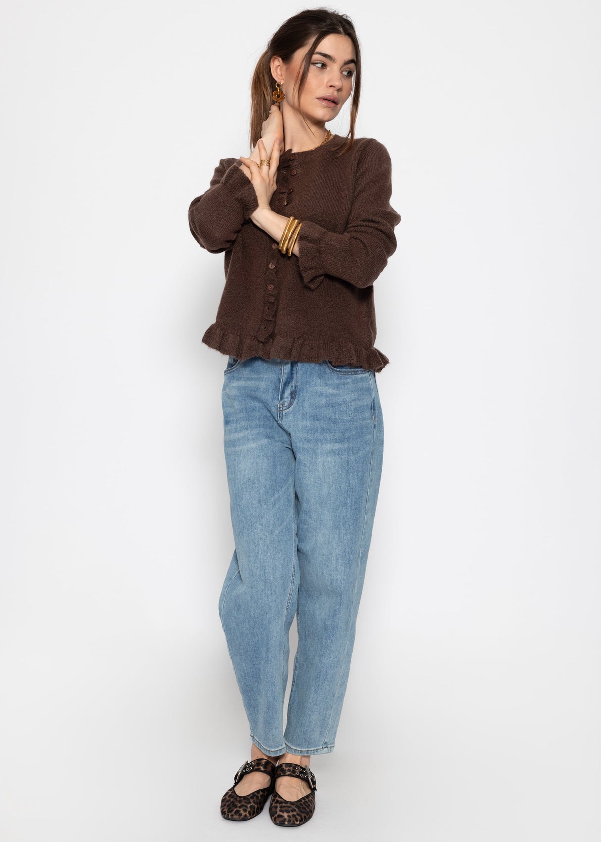 Cardigan with ruffles - dark brown