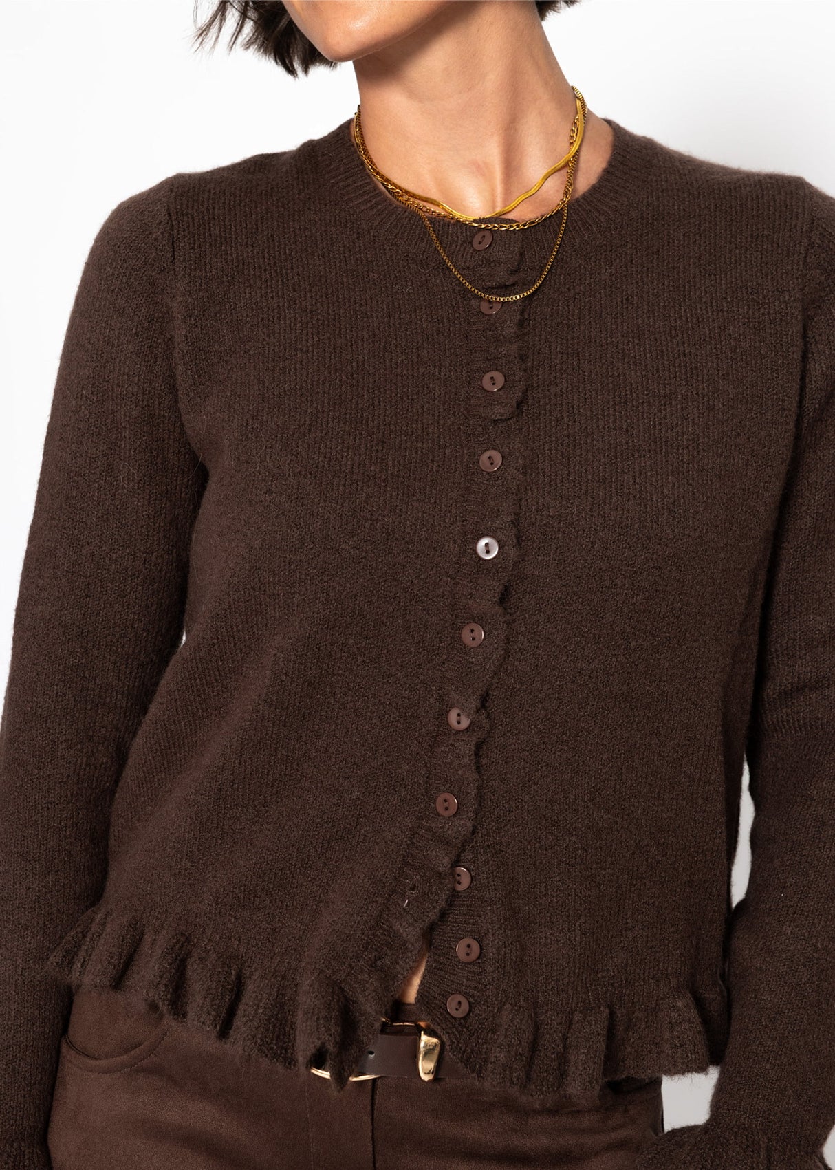 Cardigan mit Rüschen - dunkelbraun