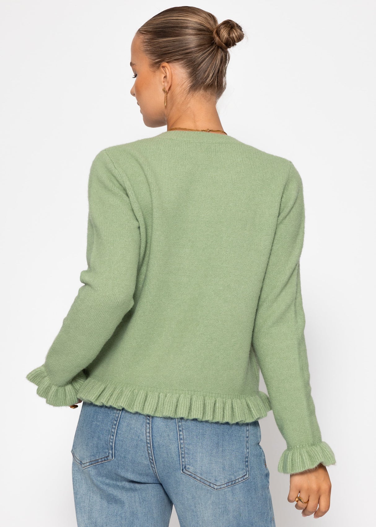 Cardigan mit Rüschen - salbeigrün