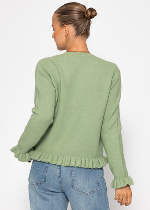 Cardigan mit Rüschen - salbeigrün