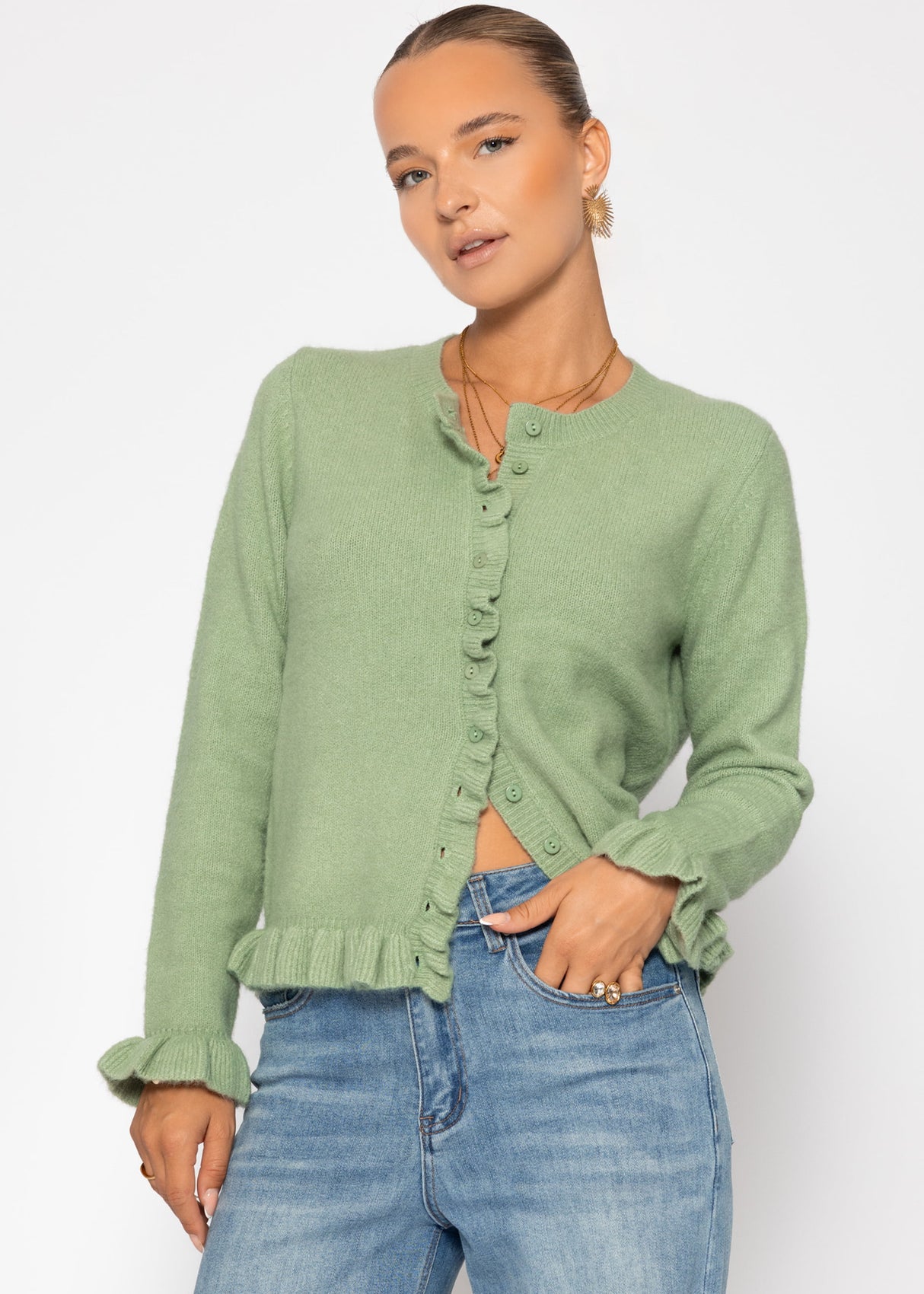 Cardigan mit Rüschen - salbeigrün